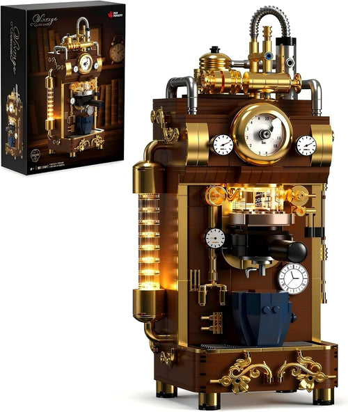 Brick-built vintage steampunk espresso machine with copper pipes and gauge
