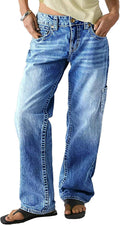 Women's Mid Rise Straight Leg Jeans - Stretchy Baggy Boyfriend Denim with Multiple Pockets - Mid Blue