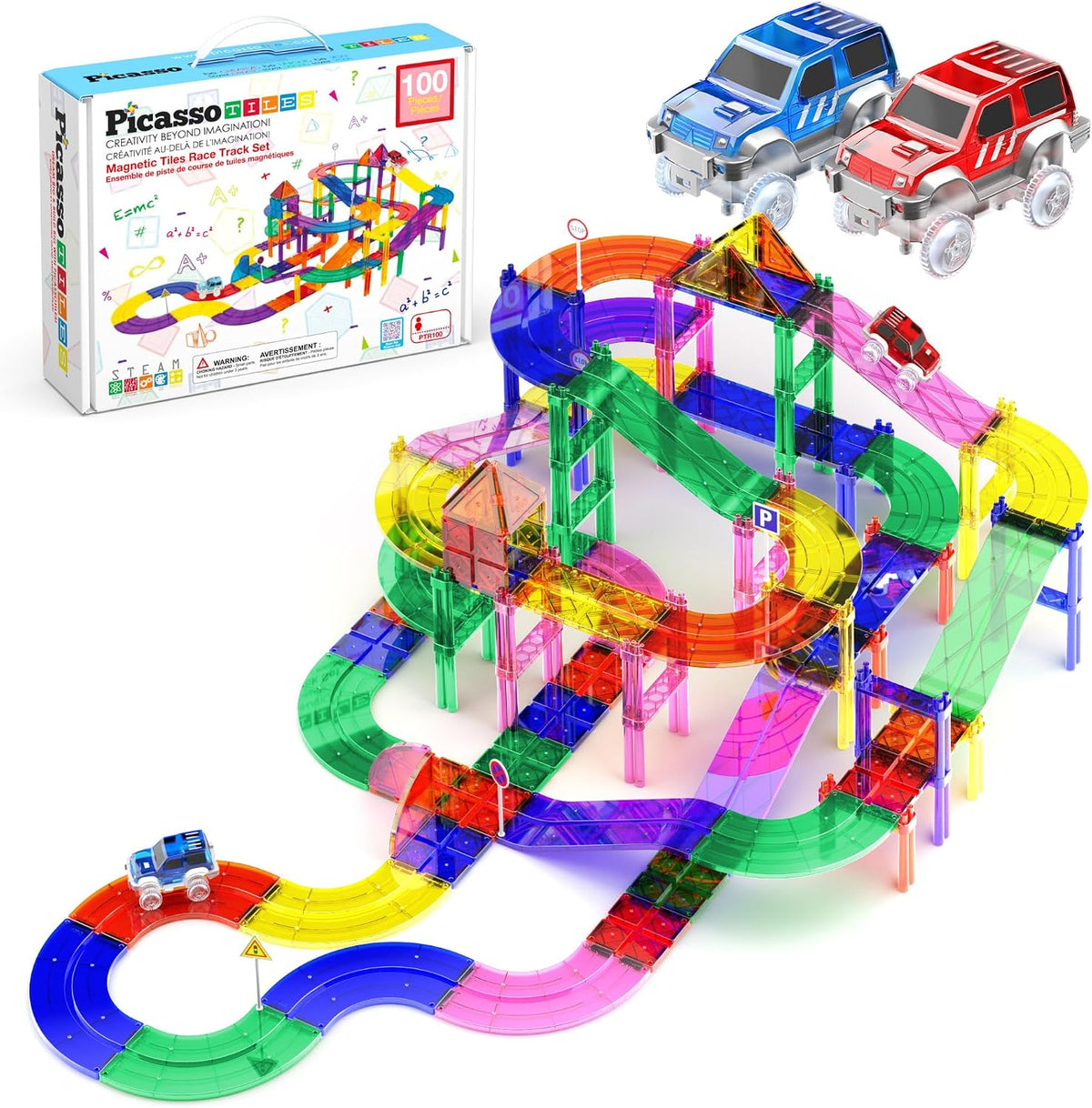 Colorful magnetic tile ramp race track with a small toy car rolling down