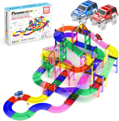 Colorful magnetic tile ramp race track with a small toy car rolling down