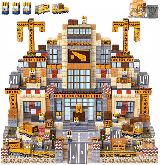 Magnetic cube blocks built into a construction site with crane and trucks