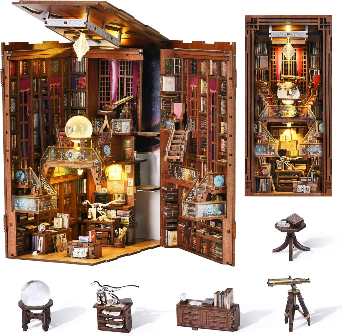 Lit fantasy castle book nook diorama standing between books on a shelf – view 14