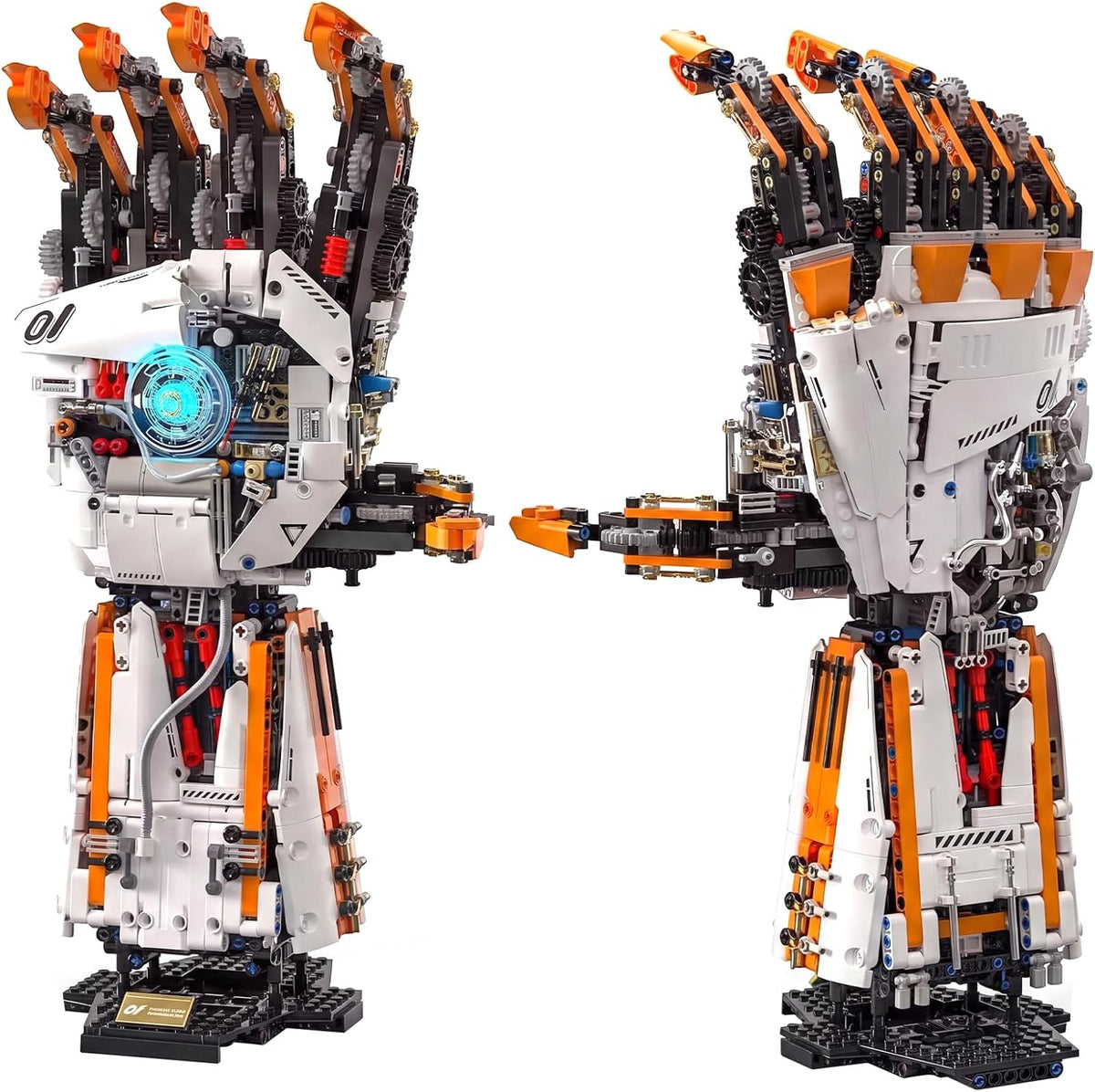 Brick-built robotic arm with gripper next to a remote controller – view 2