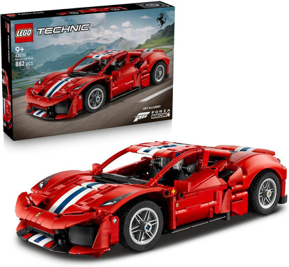Brick-built blue sports racing car with white stripes, open doors and large spoiler – view 2