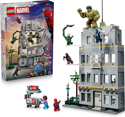 Brick-built skyscraper with front wall bursting apart and hero figures in midair