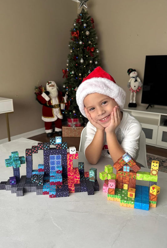 Magnetic block lava volcano and cave scene with crystals and treasure chest