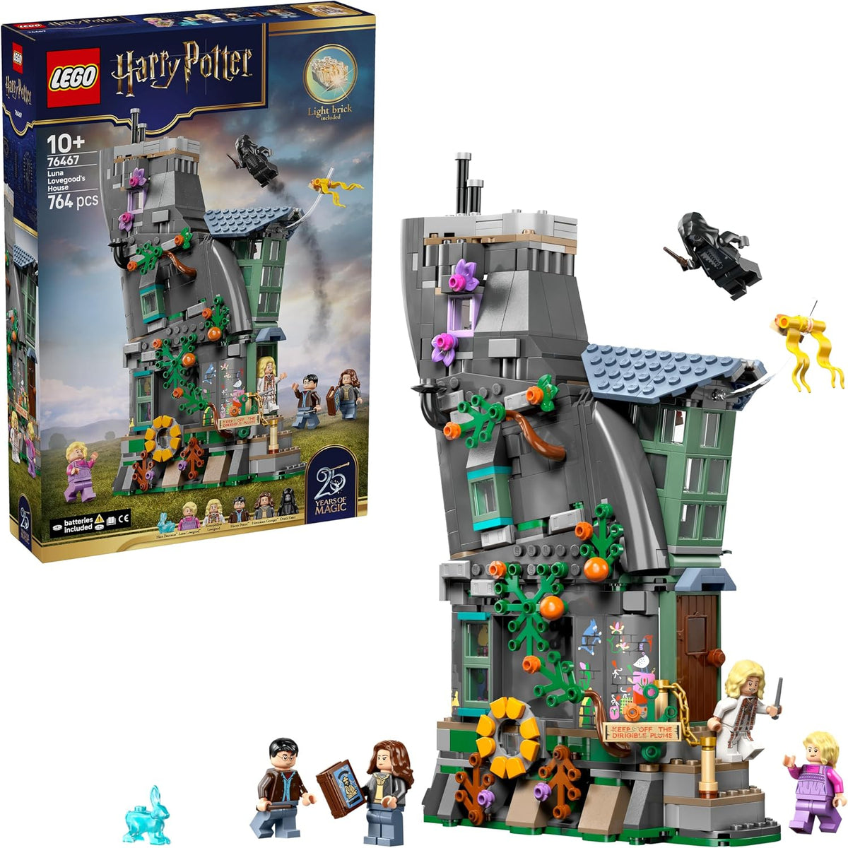 Brick-built whimsical wizard cottage interior with kitchen and minifigures