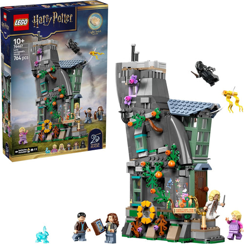Brick-built whimsical wizard cottage interior with kitchen and minifigures