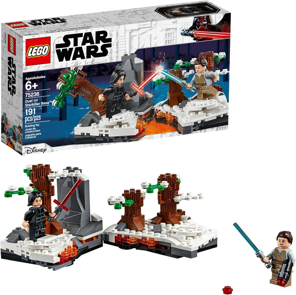 Two brick figures dueling with laser swords among snowy toppling trees