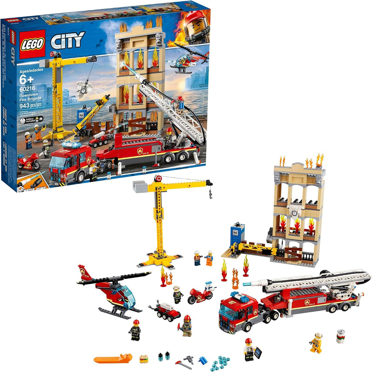 Brick-built fire trucks and firefighters tackling a burning downtown building – view 2