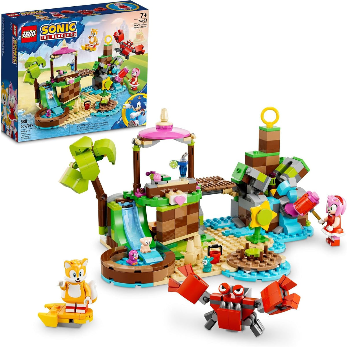 Built animal rescue island brick set with waterfall, drawbridge, pool slide, carousel and character figures