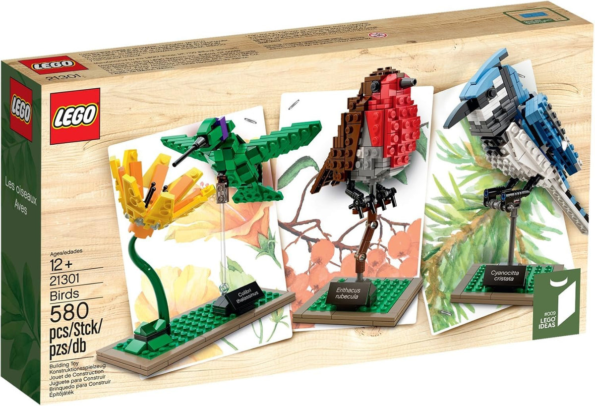 Brick-built blue jay, hummingbird and robin on individual display stands