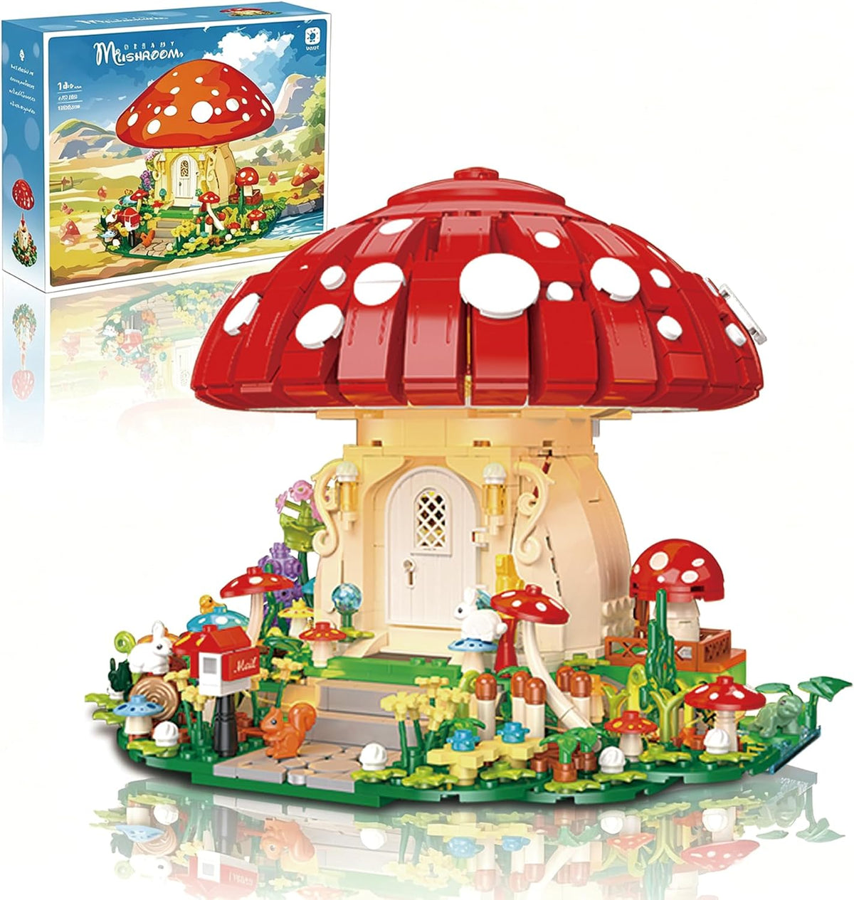Brick-built mushroom house with red cap roof glowing from an LED light inside