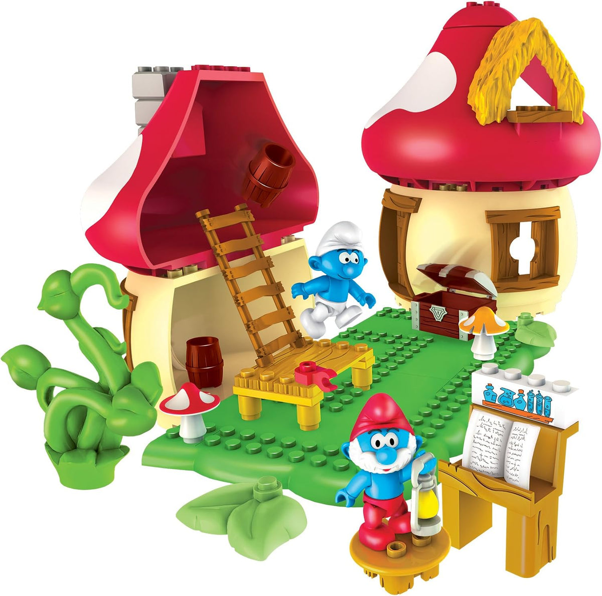 Large red and yellow buildable mushroom house with two small figures