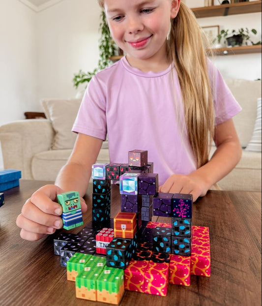 Magnetic cubes built into a forest mine with knight and lava scene
