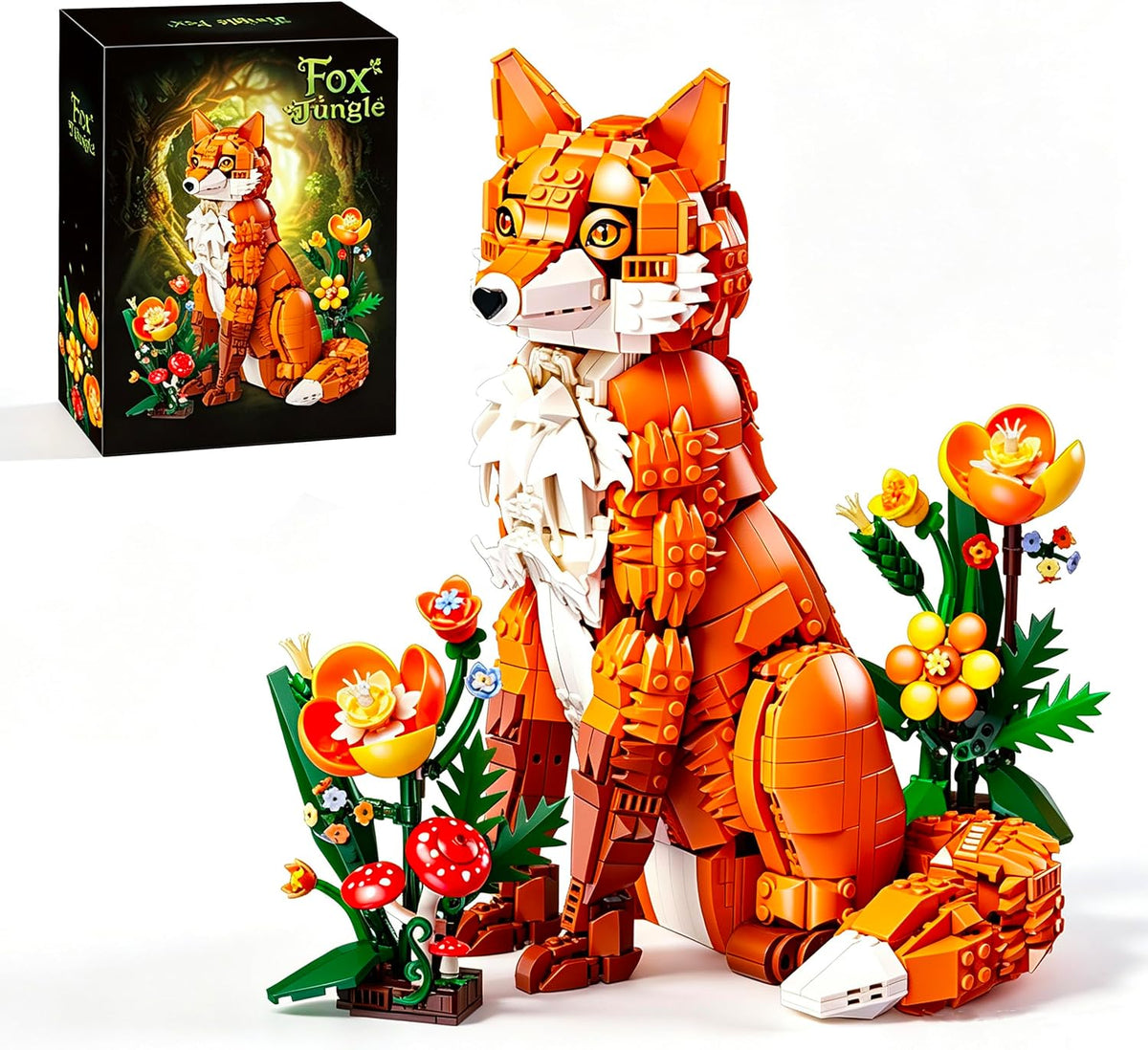Orange and white brick-built fox sculpture sitting with head turned
