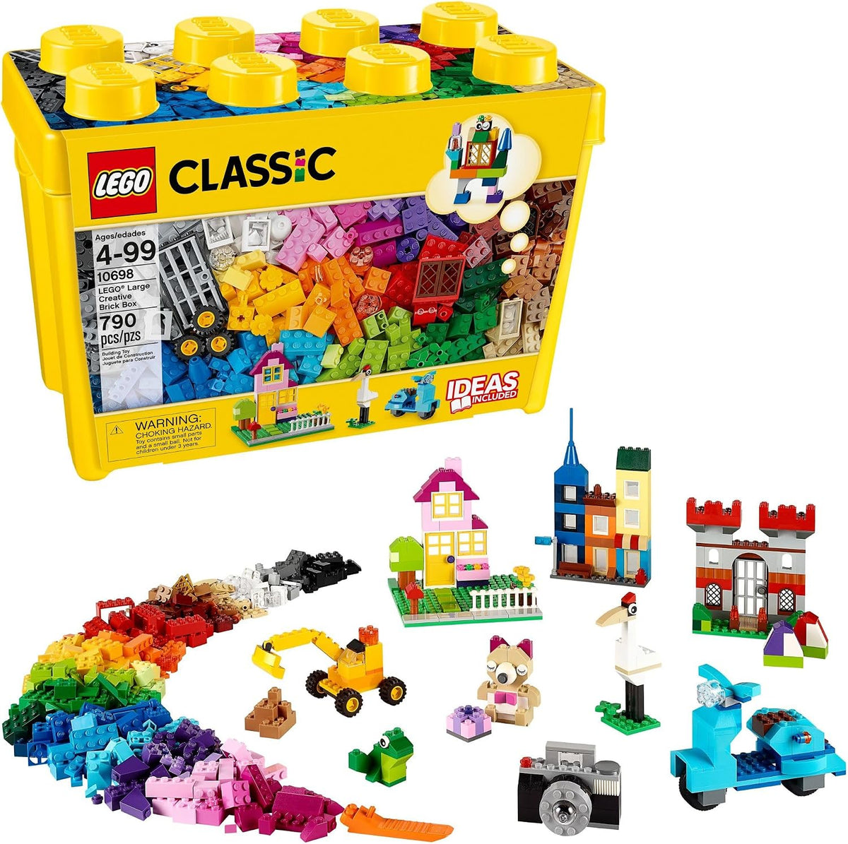 Two large brick boxes with colorful bricks, windows, wheels and green baseplates