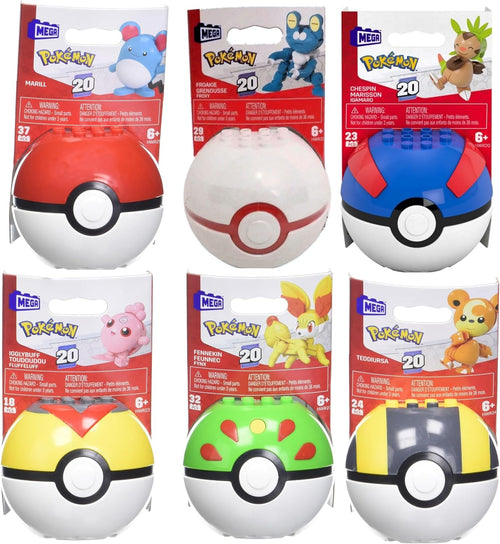 Six small capture balls opened to show brick-built creature figures