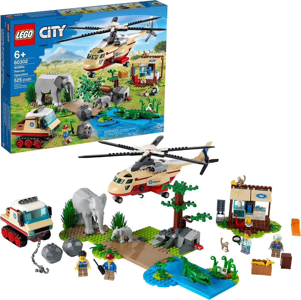 Brick wildlife rescue base with helicopter, tracked vehicle and elephant figures