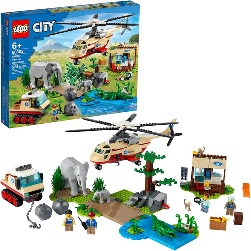 Brick wildlife rescue base with helicopter, tracked vehicle and elephant figures