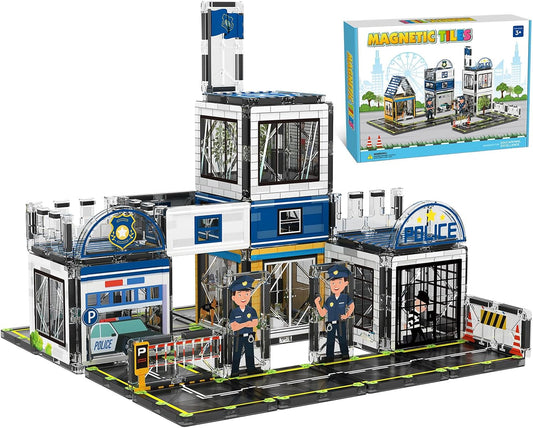 Magnetic tile fire station, police station and airport tower with toy vehicles