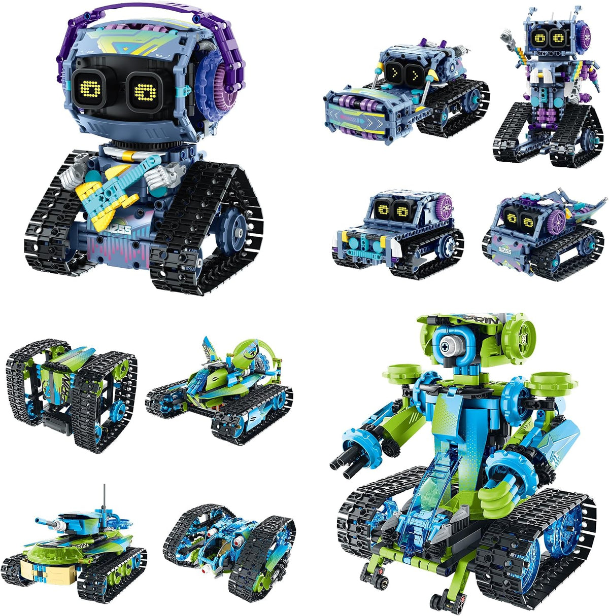Stunt racer robot car built from colorful pieces beside its remote control