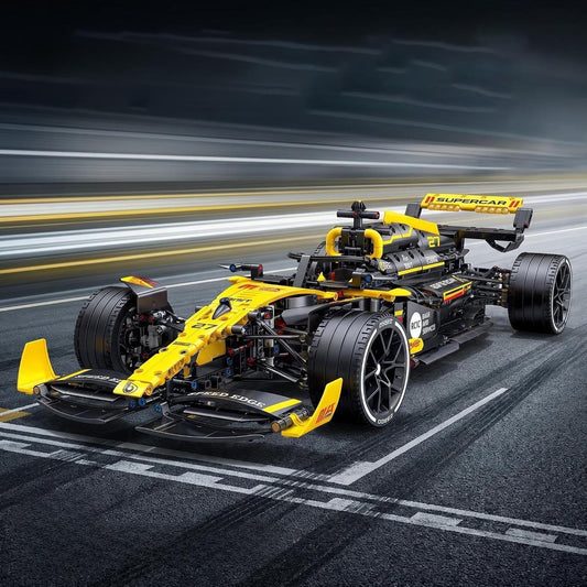 Red 1:8 scale formula racing car brick model with open wheels