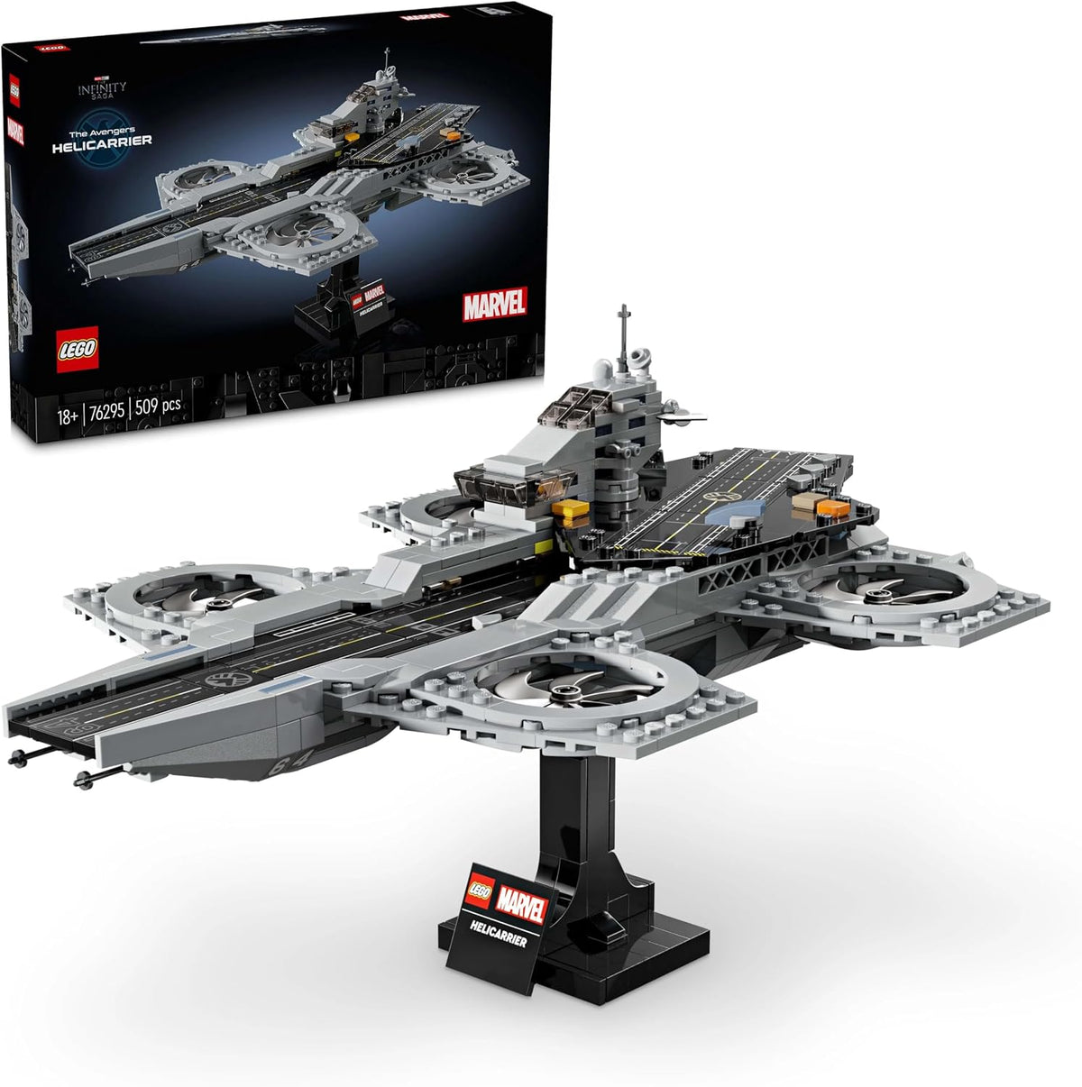 Built brick model of a superhero flying aircraft carrier
