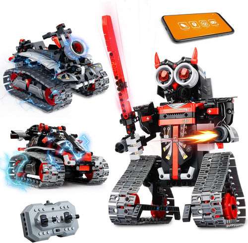 Brick-built robot assembled from a 3-in-1 STEM kit with remote control
