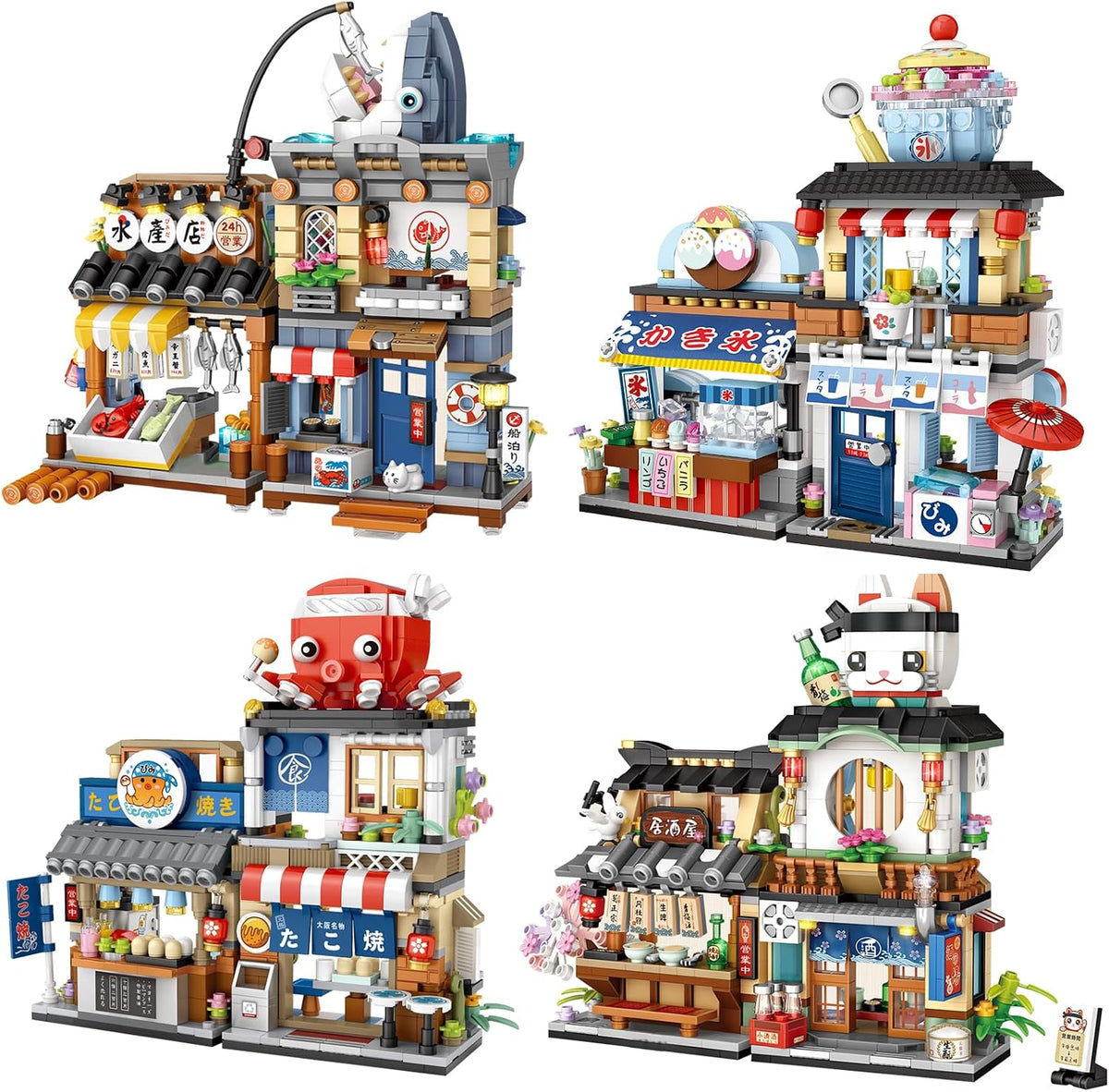 Four miniature brick-built Japanese street shops lined up with lanterns and signs