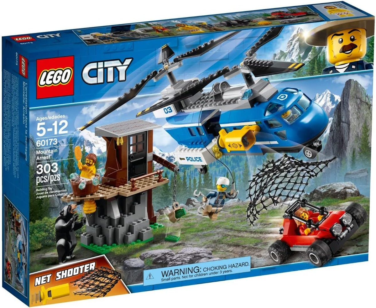 Brick-built police helicopter, mountain hideout and buggy with figures and bear
