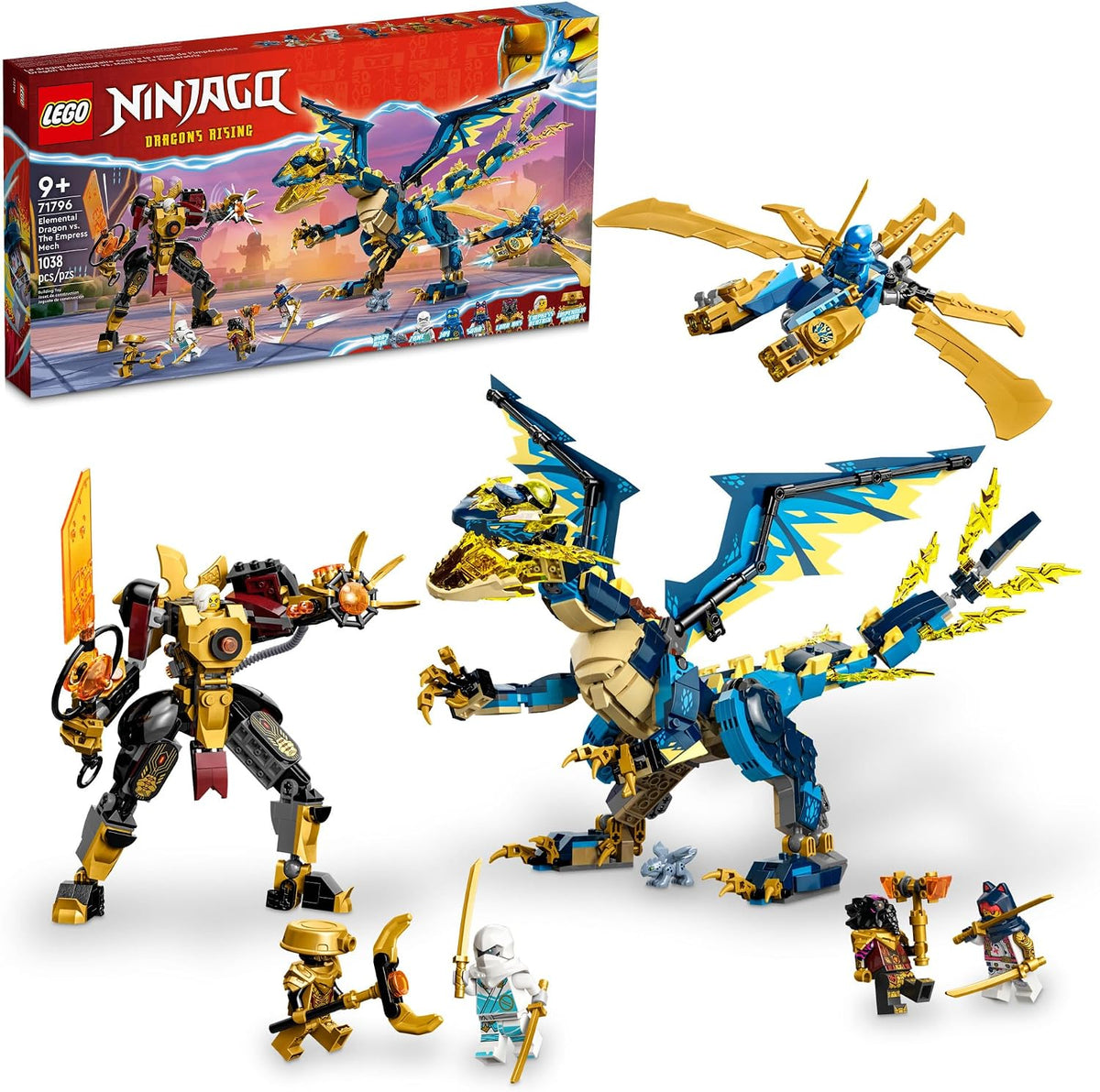 Brick-built elemental dragon facing a large purple mech with a small ninja flyer and minifigures – view 2