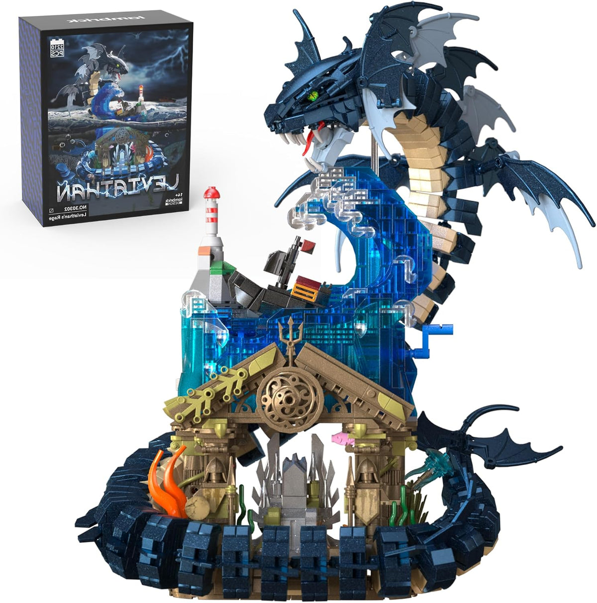 Brick-built sea dragon rising from waves beside a ship above a sunken temple