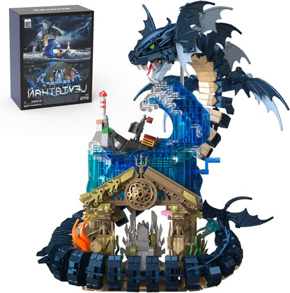 Brick-built sea dragon rising from waves beside a ship above a sunken temple