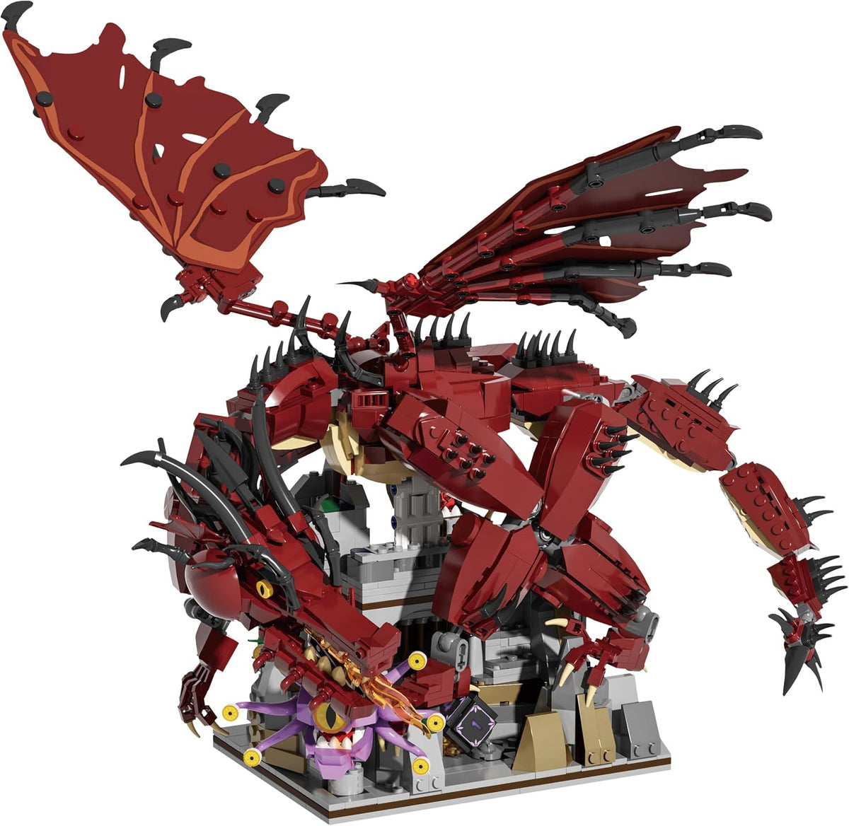 Brick-built red fire dragon facing a multi-eyed monster