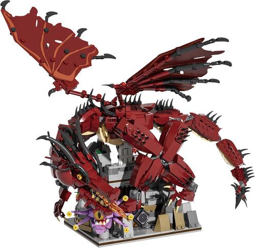 Brick-built red fire dragon facing a multi-eyed monster
