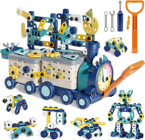 Toy train built with screws and a kids toy drill