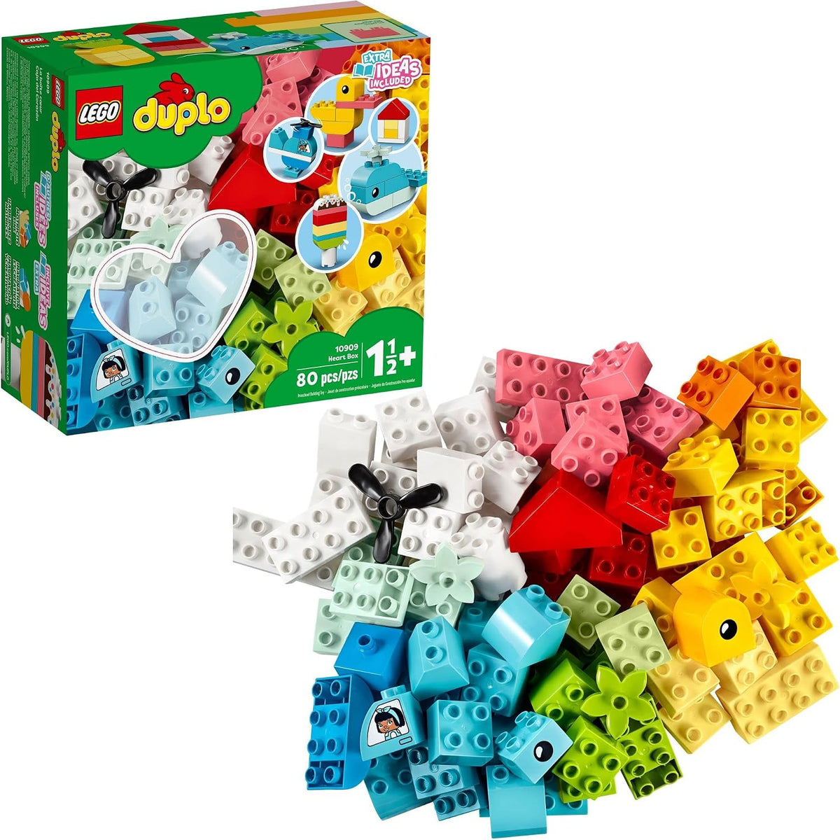 Heart-shaped box with colorful toddler building bricks and simple built models