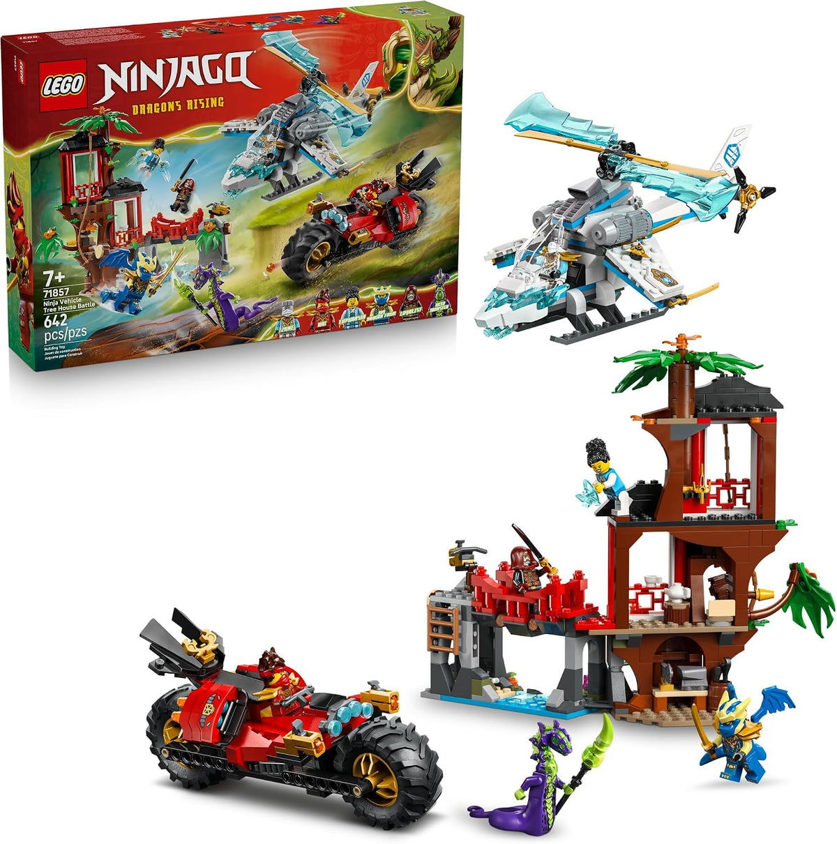 Brick-built three-story ninja tree house with bridge, helicopter and motorcycle