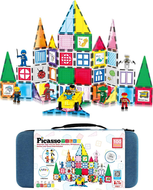 Colorful magnetic tiles built into a house on a whiteboard base with car and figures