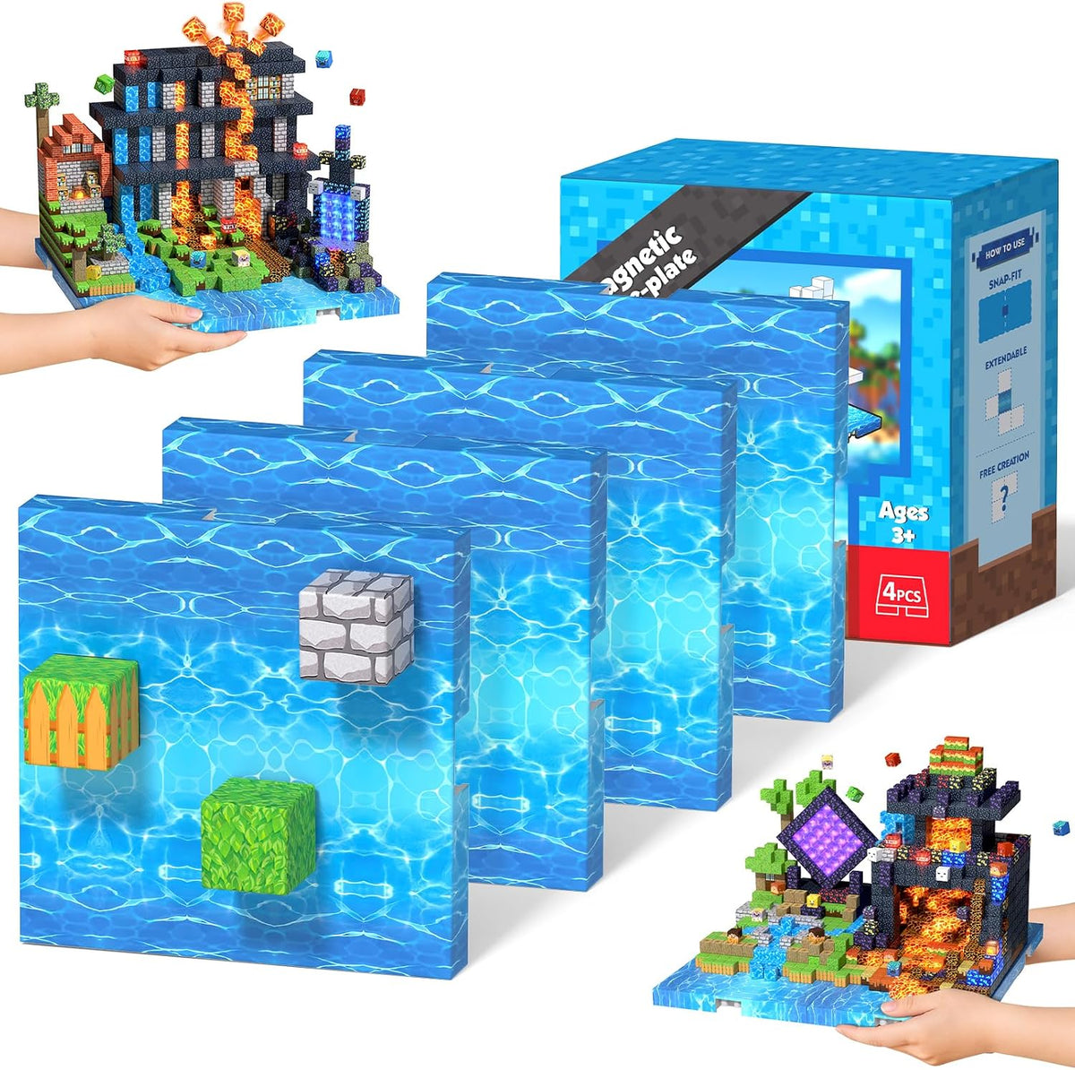 Magnetic cube forest castle with dinosaurs and a glowing orange volcano – view 7