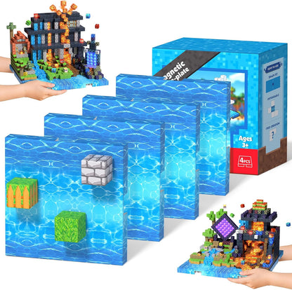 Magnetic cube forest castle with dinosaurs and a glowing orange volcano – view 7