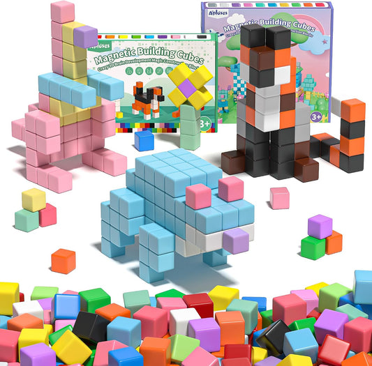 Colorful magnetic building cubes stacked into towers and shapes