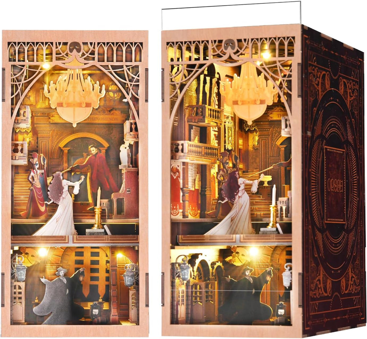 Lit fantasy castle book nook diorama standing between books on a shelf – view 10