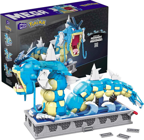 Blue sea serpent brick model with open mouth on a crank base