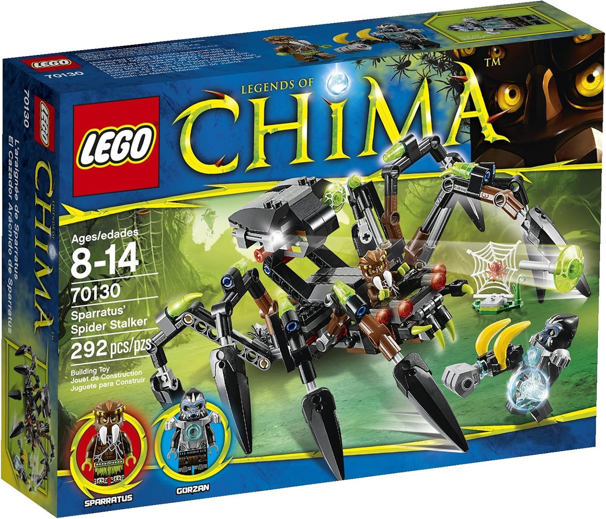 Black and purple brick spider stalker with large fangs and two minifigures