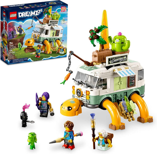 Built turtle-shaped party van brick model with periscope and three minifigures