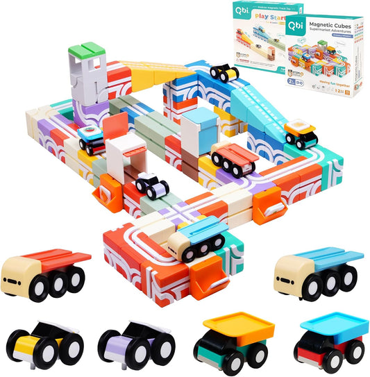 Magnetic blocks with fruit tiles built into a small garage with toy cars