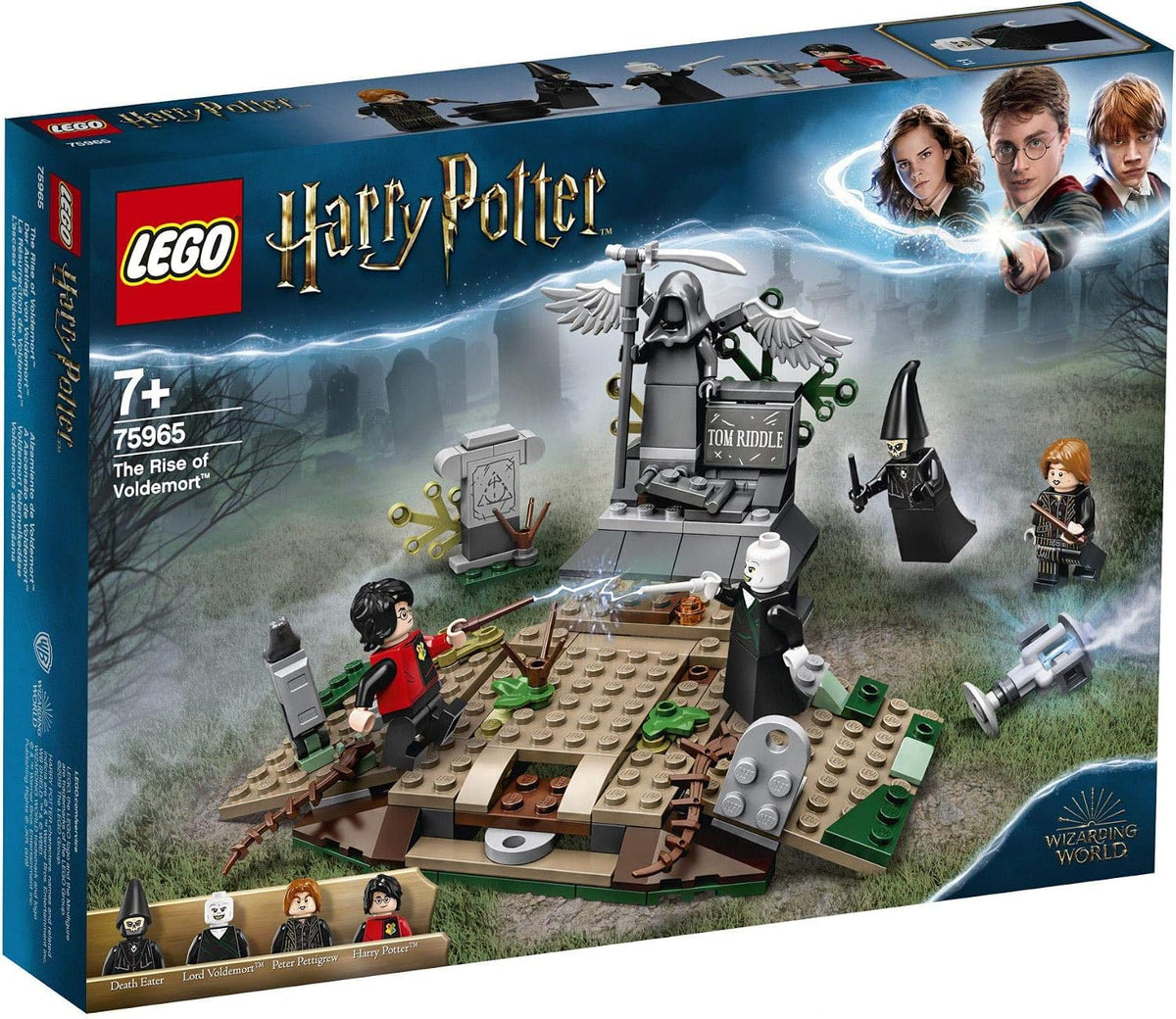 Brick graveyard scene with a dark wizard rising beside a stone headstone