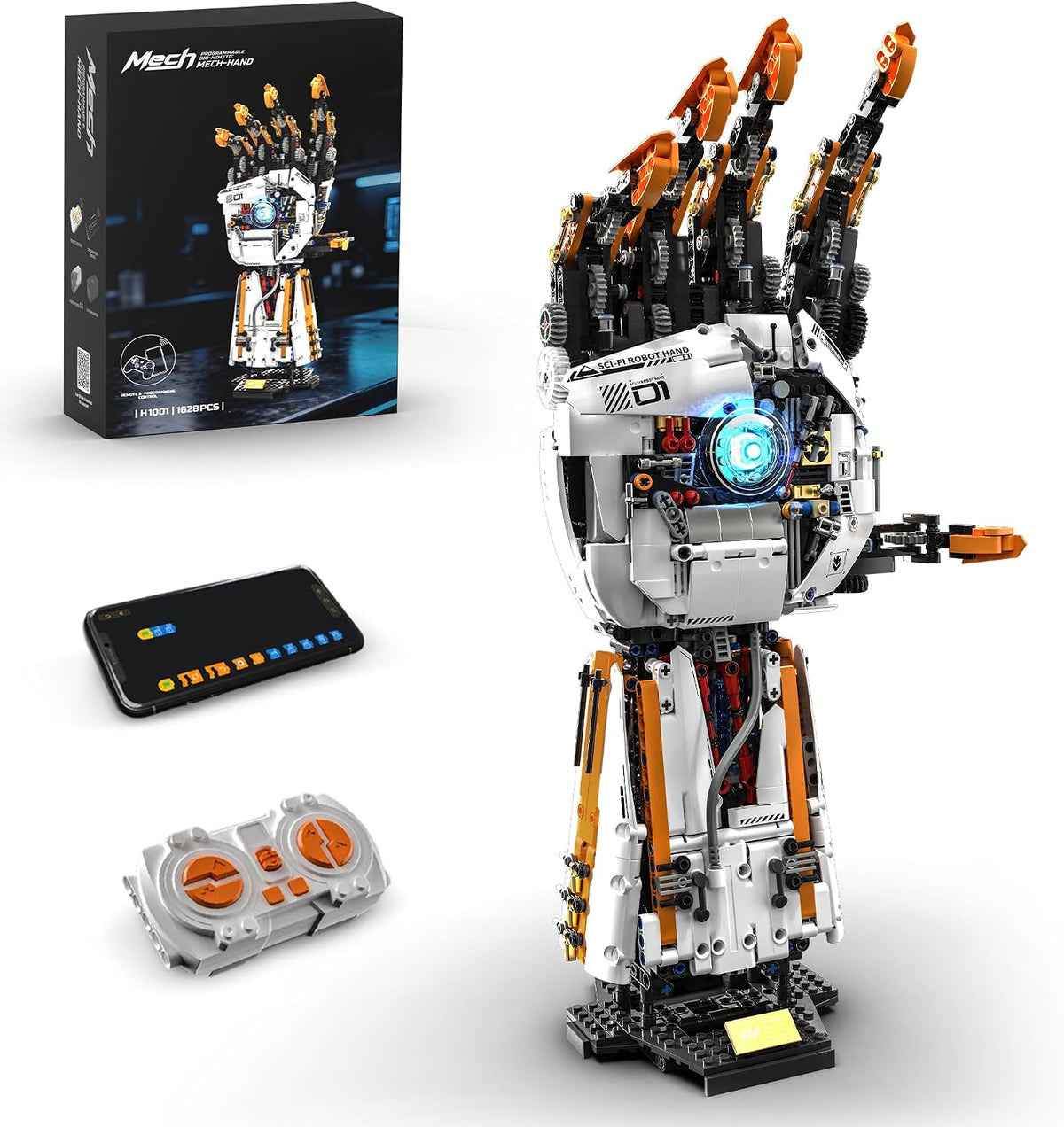 Brick-built mechanical robot hand in silver and gold with lit palm – view 2